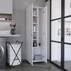 Lake Broom Cabinet Slim-Design Storage Solution with Inner Shelves and Side Broom Hangers White