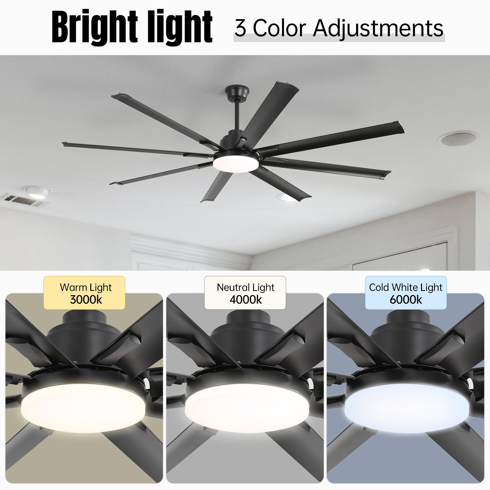 72 Inch Modern Large Design Ceiling Fans With Smart Remote Control 6 Wind Speed DC Motor Black for Living Room