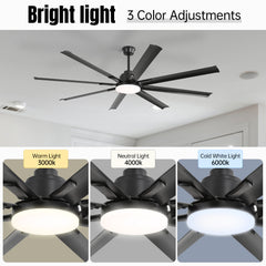 72 Inch Modern Large Design Ceiling Fans With Smart Remote Control 6 Wind Speed DC Motor Black for Living Room