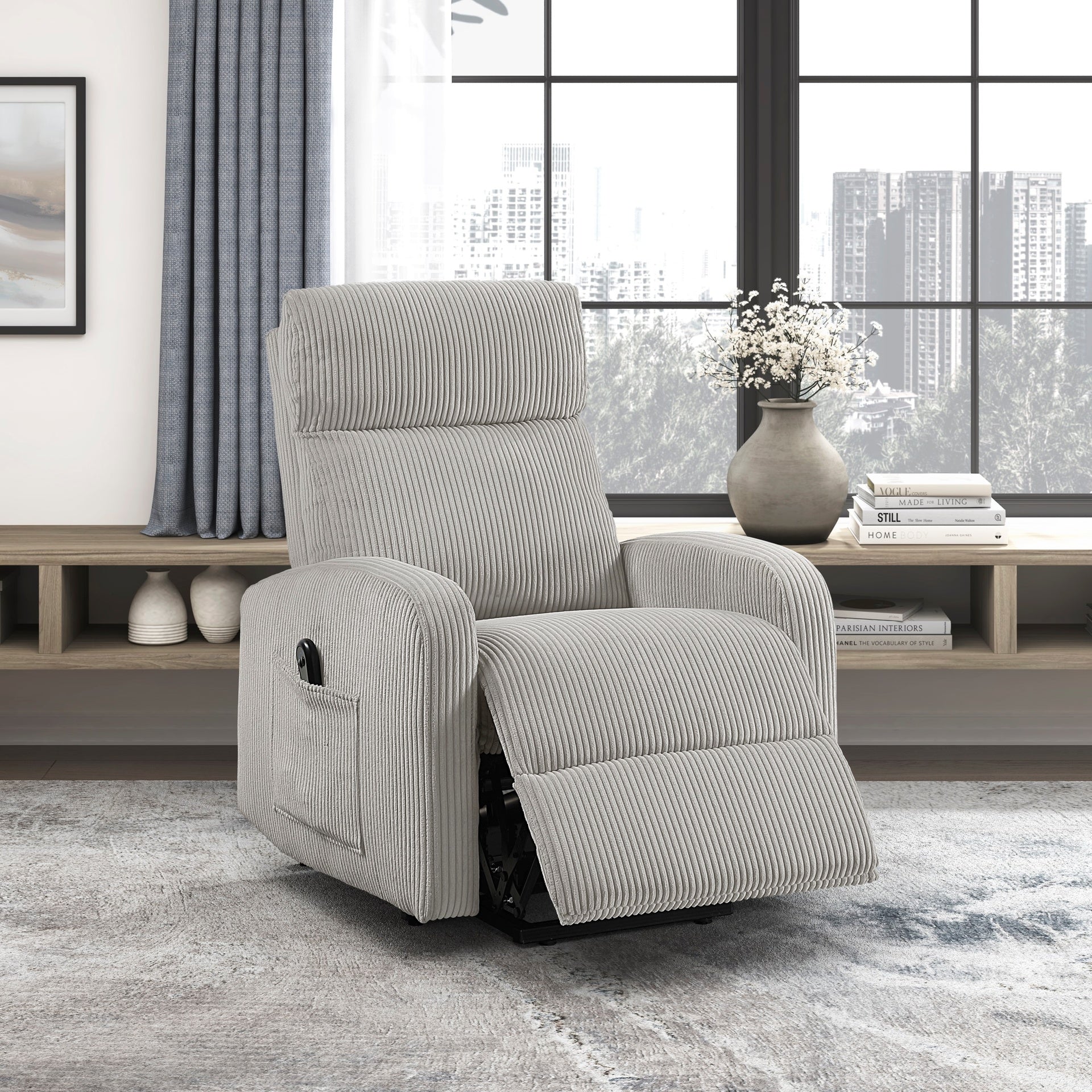Contemporary Power Lift Chair Recliner 1pc Light Gray Plush Corduroy Upholstery Comfort Side Pocket Plywood Living Room Furniture