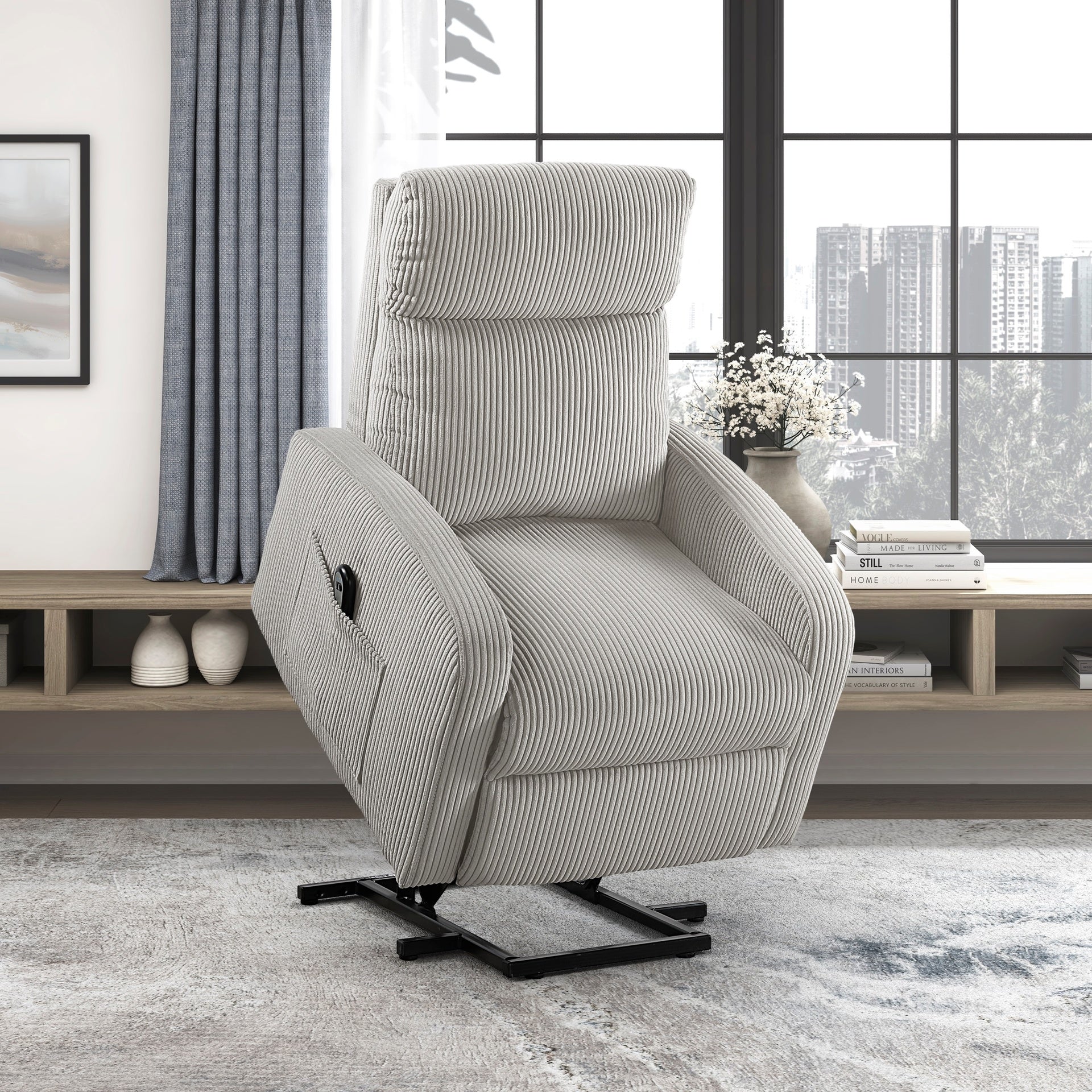 Contemporary Power Lift Chair Recliner 1pc Light Gray Plush Corduroy Upholstery Comfort Side Pocket Plywood Living Room Furniture