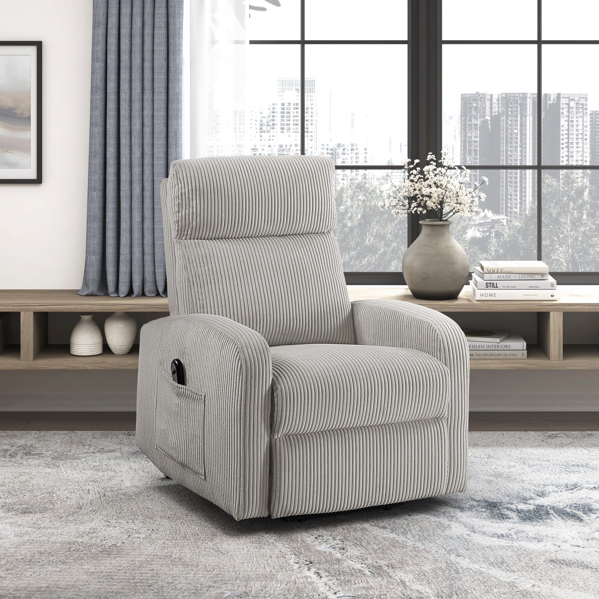 Contemporary Power Lift Chair Recliner 1pc Light Gray Plush Corduroy Upholstery Comfort Side Pocket Plywood Living Room Furniture