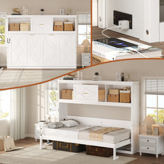 Twin Size Murphy Bed with Charging Station and a Drawer, White