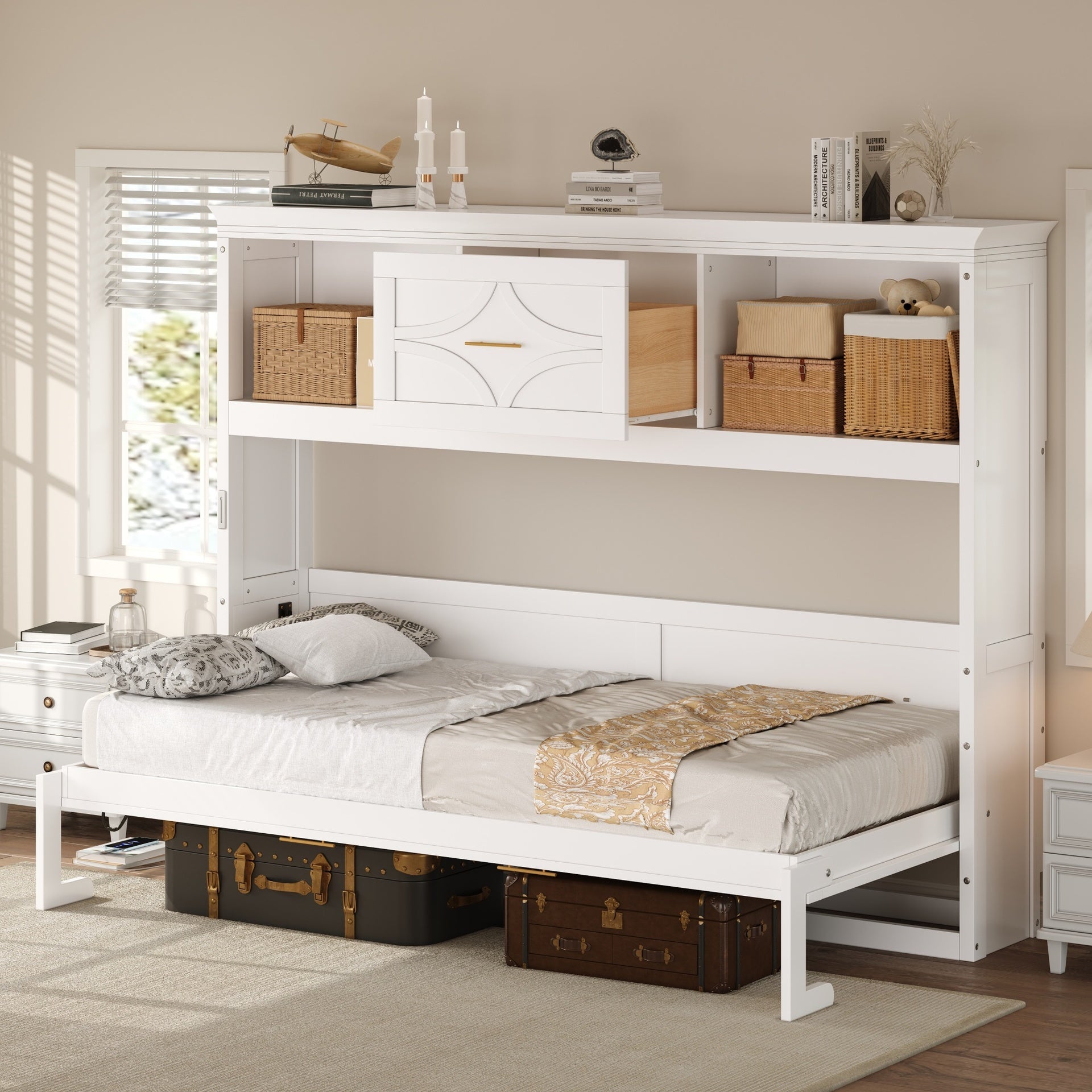 Twin Size Murphy Bed with Charging Station and a Drawer, White