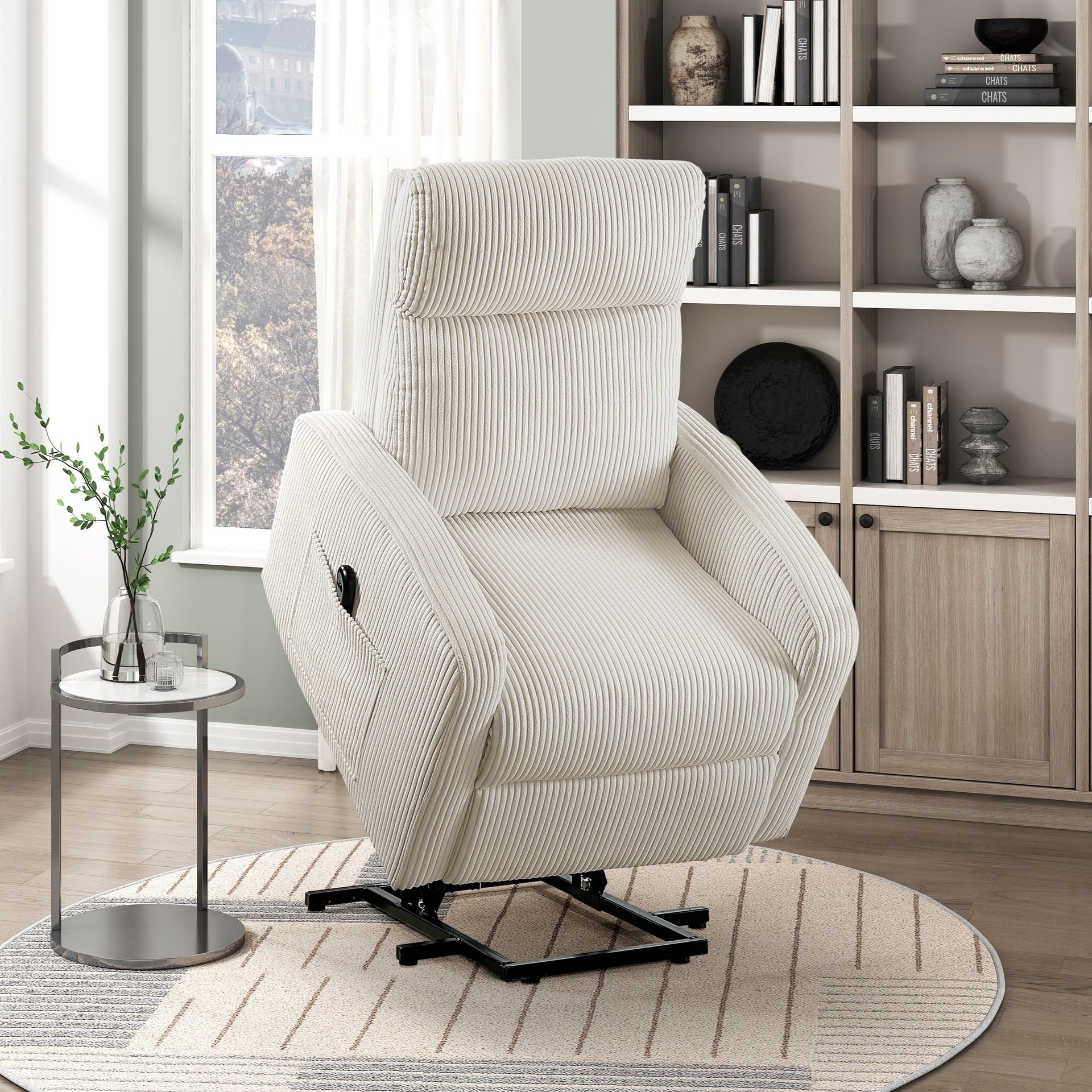 Contemporary Power Lift Chair Recliner 1pc Beige Plush Corduroy Upholstery Comfort Side Pocket Plywood Living Room Furniture