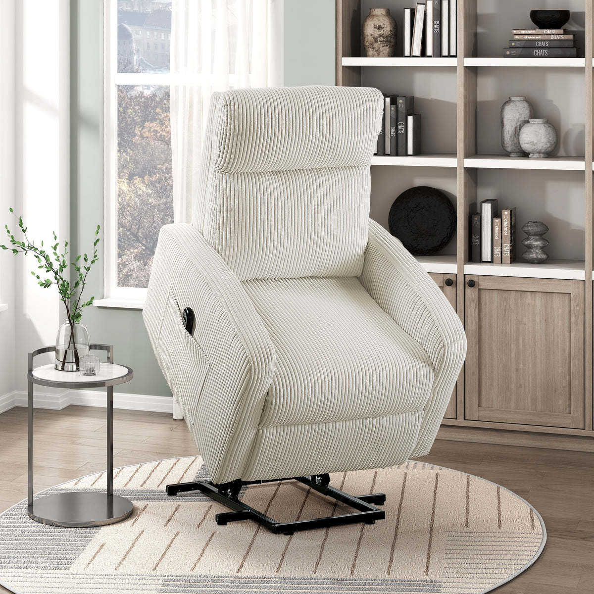 Contemporary Power Lift Chair Recliner 1pc Beige Plush Corduroy Upholstery Comfort Side Pocket Plywood Living Room Furniture