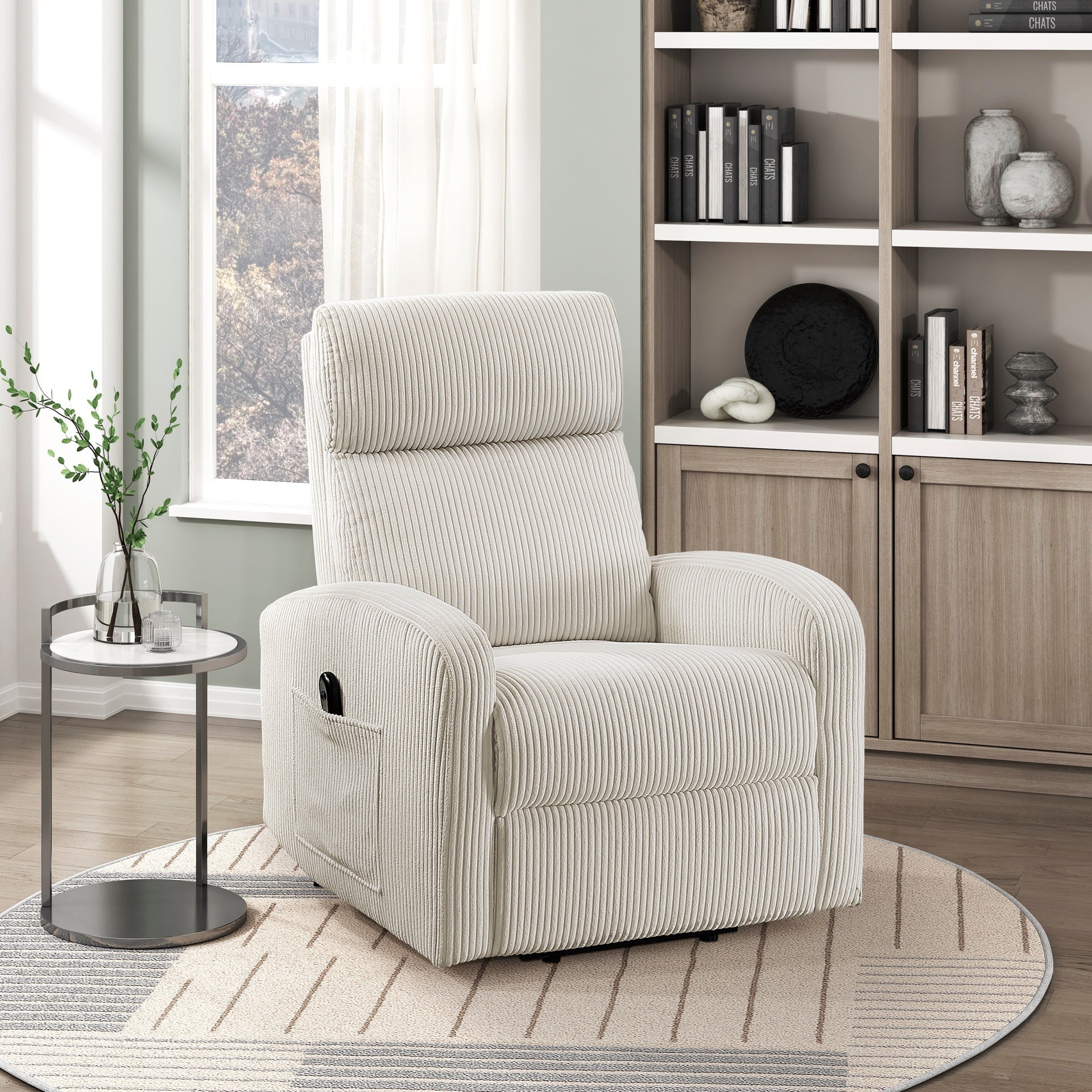 Contemporary Power Lift Chair Recliner 1pc Beige Plush Corduroy Upholstery Comfort Side Pocket Plywood Living Room Furniture