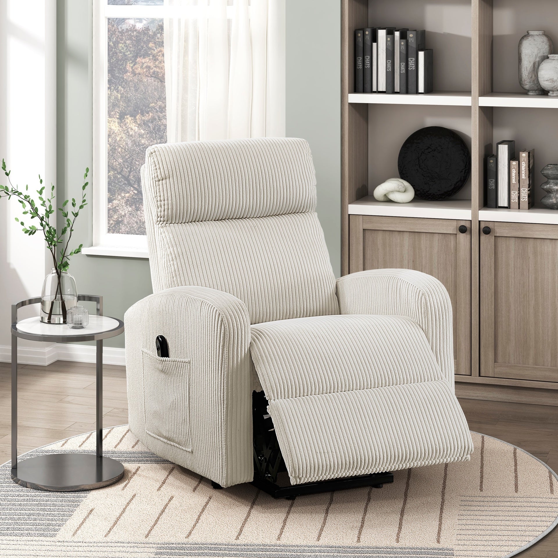 Contemporary Power Lift Chair Recliner 1pc Beige Plush Corduroy Upholstery Comfort Side Pocket Plywood Living Room Furniture