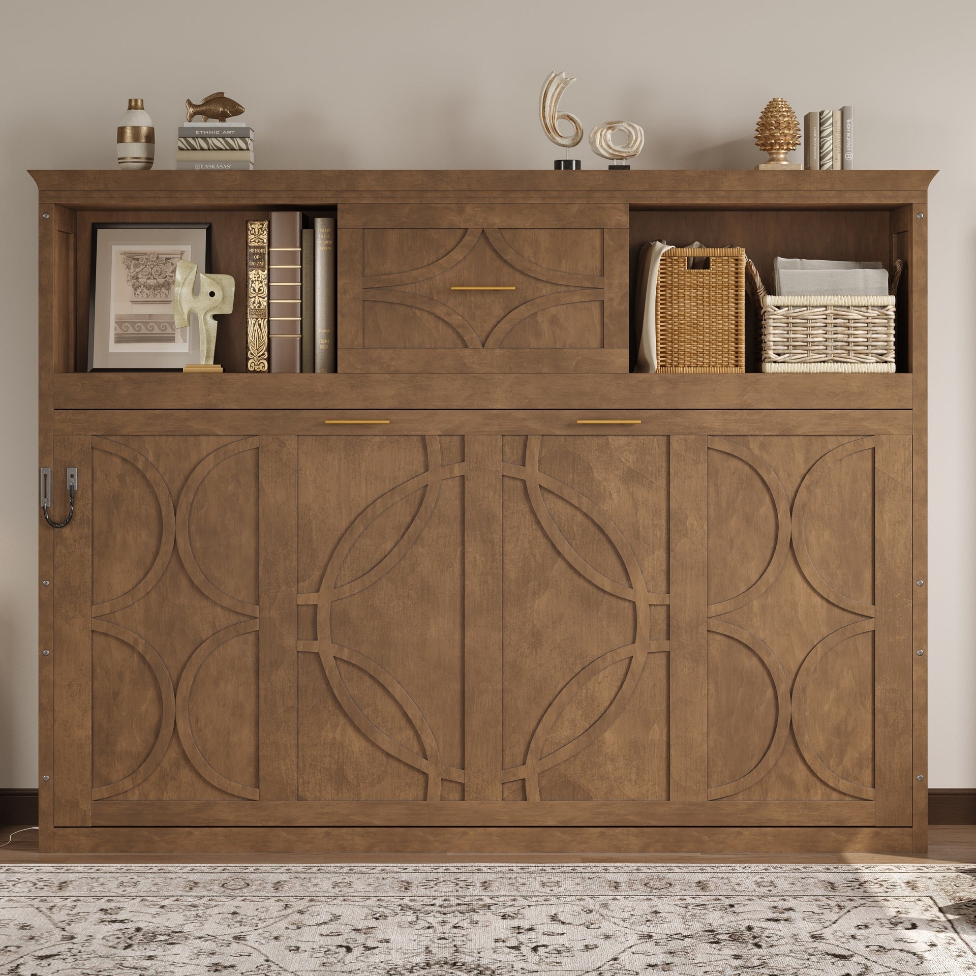 Twin Size Murphy Bed with Charging Station and a Drawer, Wood Color