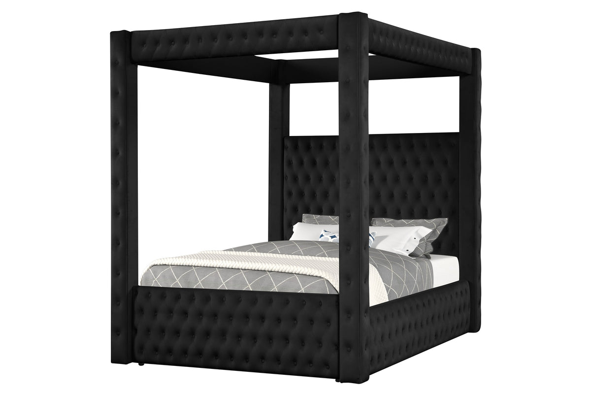 1pc Beautiful Black Canopy Queen Bed Luxury Rich Velvet Fully Upholstery Fabric Button Tufted