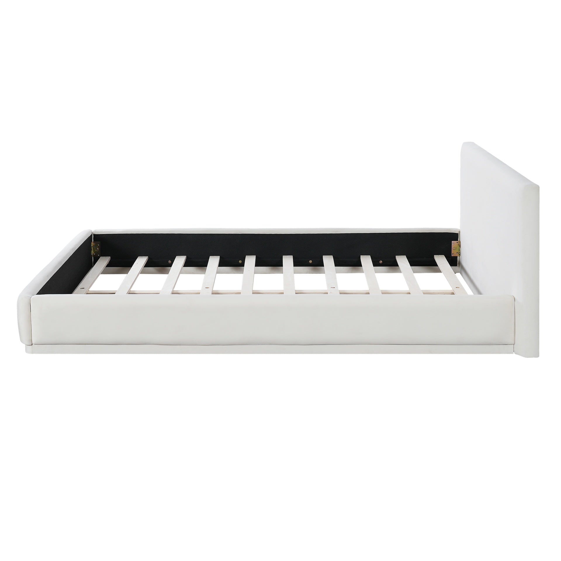 Soft and comfortable upholstered bed. Luxurious and cozy bedroom centerpiece, king size, white