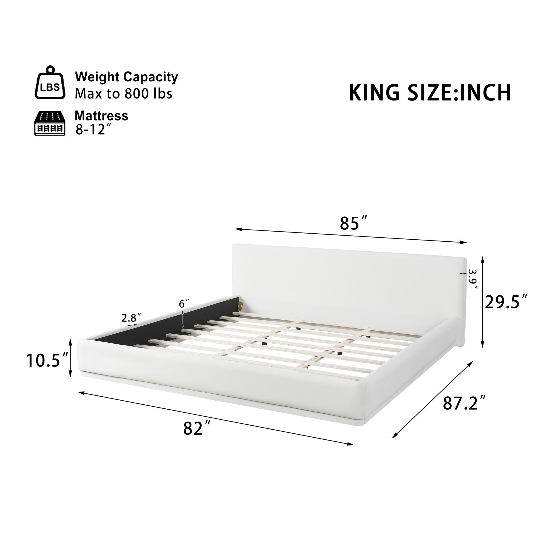 Soft and comfortable upholstered bed. Luxurious and cozy bedroom centerpiece, king size, white