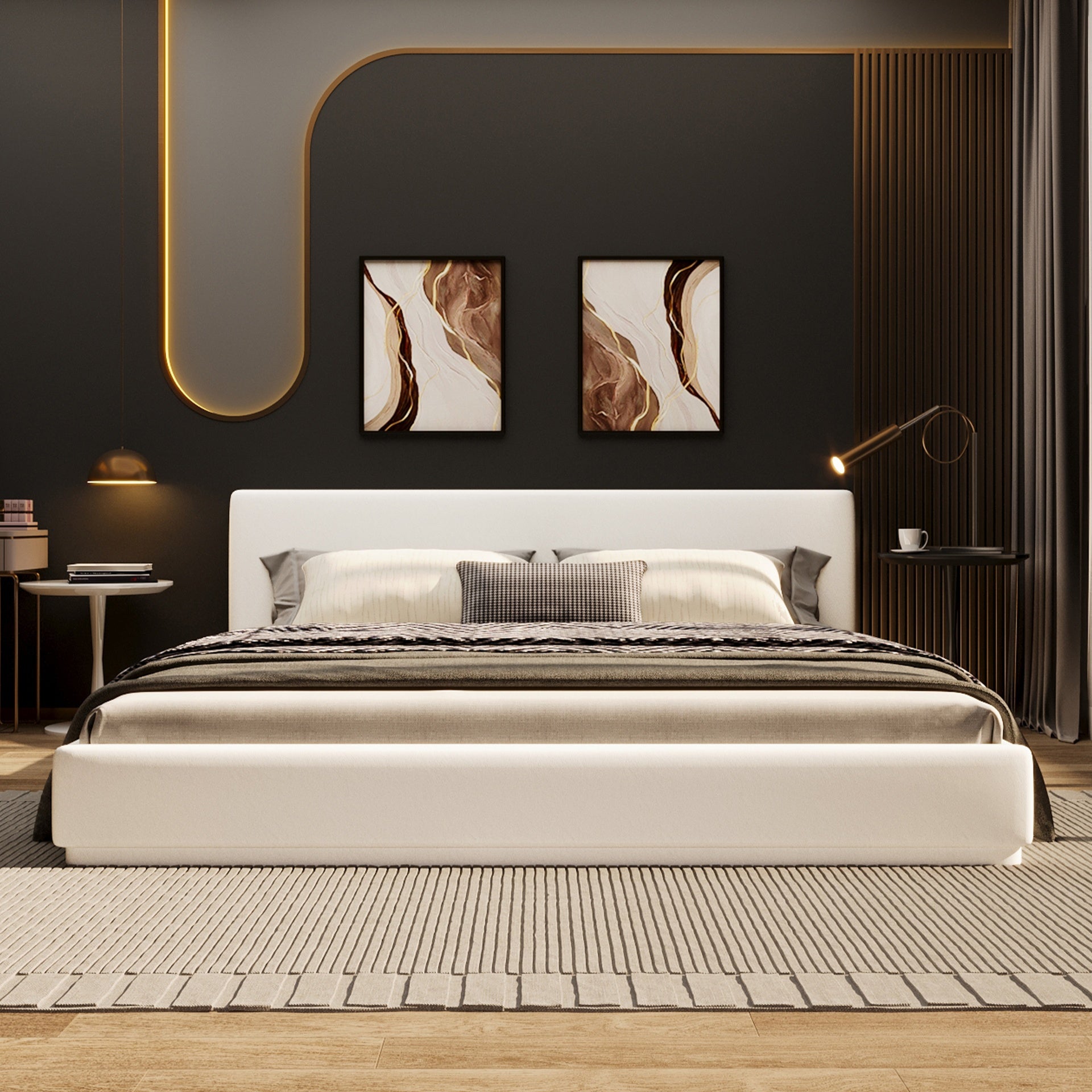 Soft and comfortable upholstered bed. Luxurious and cozy bedroom centerpiece, king size, white