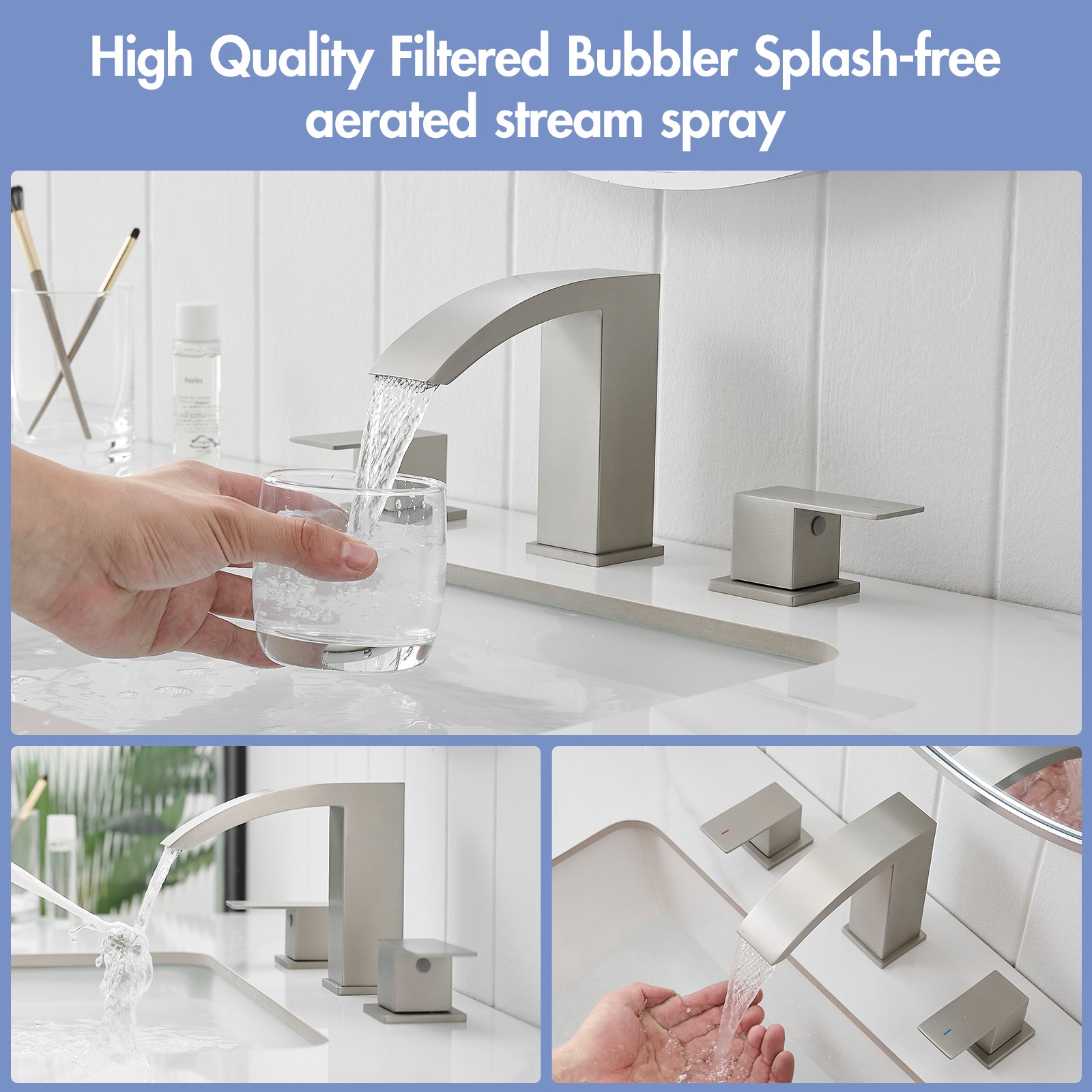Bathroom Stainless Steel Faucets for Sink 3 Hole Brushed Nickel 8 inch Widespread Bathroom Sink Faucet Double Lever Handle Faucet Bathroom Vanity Faucet Basin Mixer Tap Faucet with Hose