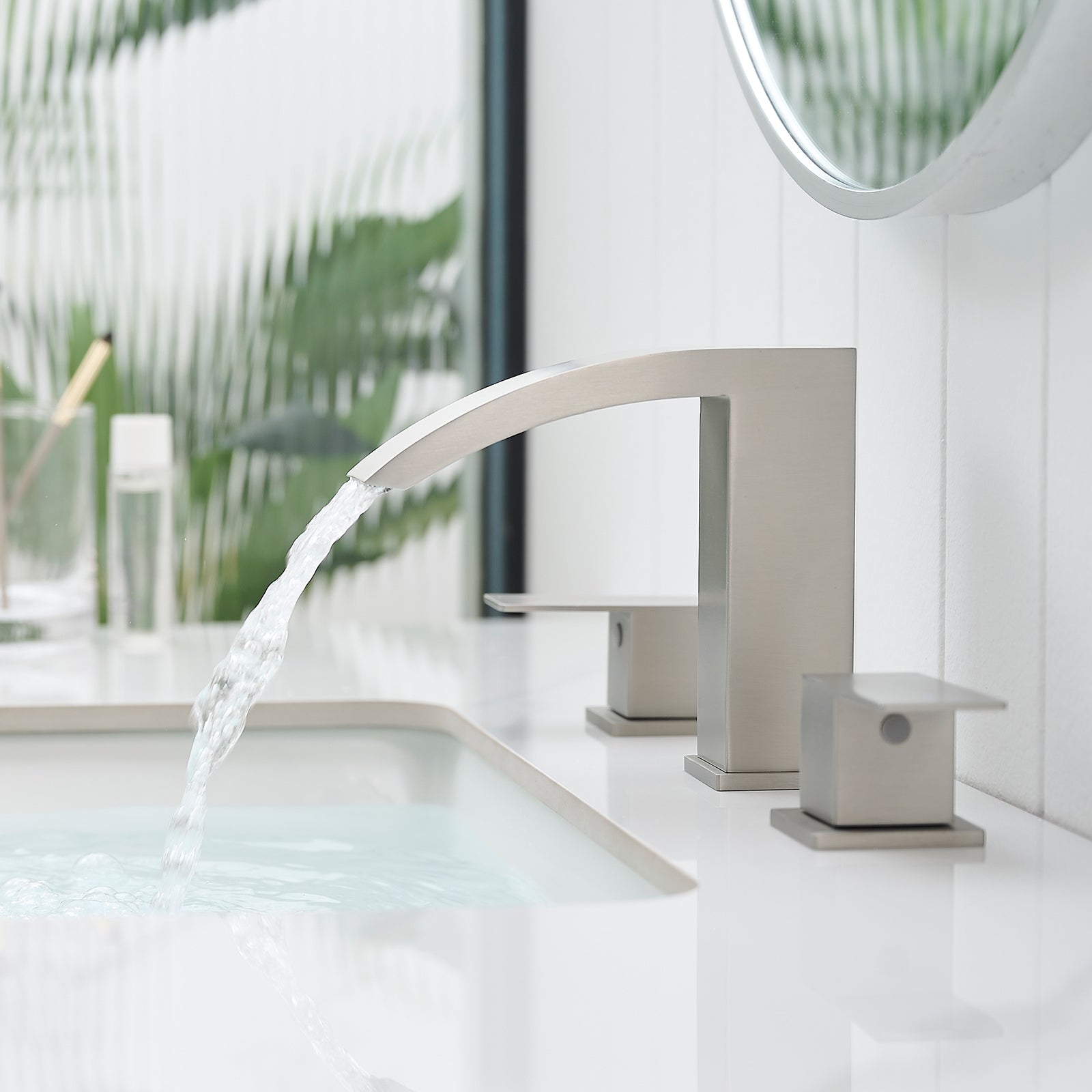 Bathroom Stainless Steel Faucets for Sink 3 Hole Brushed Nickel 8 inch Widespread Bathroom Sink Faucet Double Lever Handle Faucet Bathroom Vanity Faucet Basin Mixer Tap Faucet with Hose