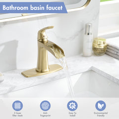 Brushed Gold Waterfall Bathroom Faucet with Pop-Up Drain and Deck Plate - Single Handle Bathroom Faucet