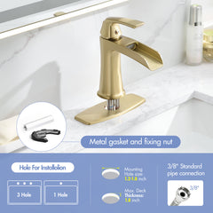 Brushed Gold Waterfall Bathroom Faucet with Pop-Up Drain and Deck Plate - Single Handle Bathroom Faucet