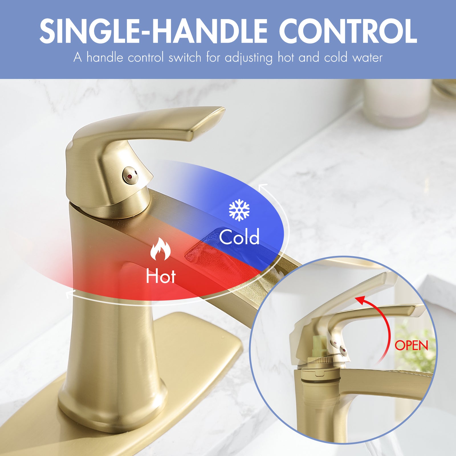 Brushed Gold Waterfall Bathroom Faucet with Pop-Up Drain and Deck Plate - Single Handle Bathroom Faucet