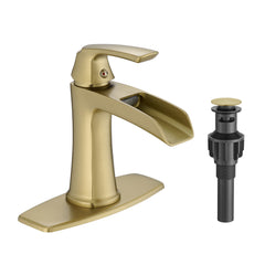 Brushed Gold Waterfall Bathroom Faucet with Pop-Up Drain and Deck Plate - Single Handle Bathroom Faucet