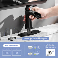 Black Waterfall Bathroom Faucet with Pop-Up Drain and Deck Plate - Single Handle Bathroom Faucet