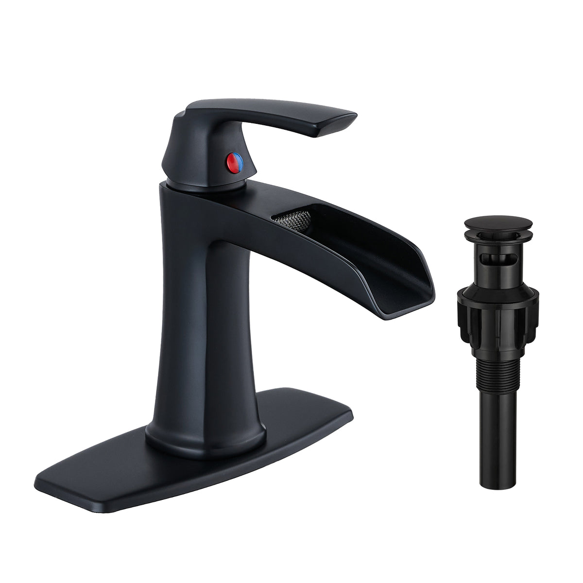 Black Waterfall Bathroom Faucet with Pop-Up Drain and Deck Plate - Single Handle Bathroom Faucet