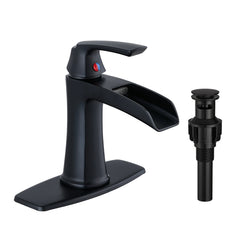 Black Waterfall Bathroom Faucet with Pop-Up Drain and Deck Plate - Single Handle Bathroom Faucet