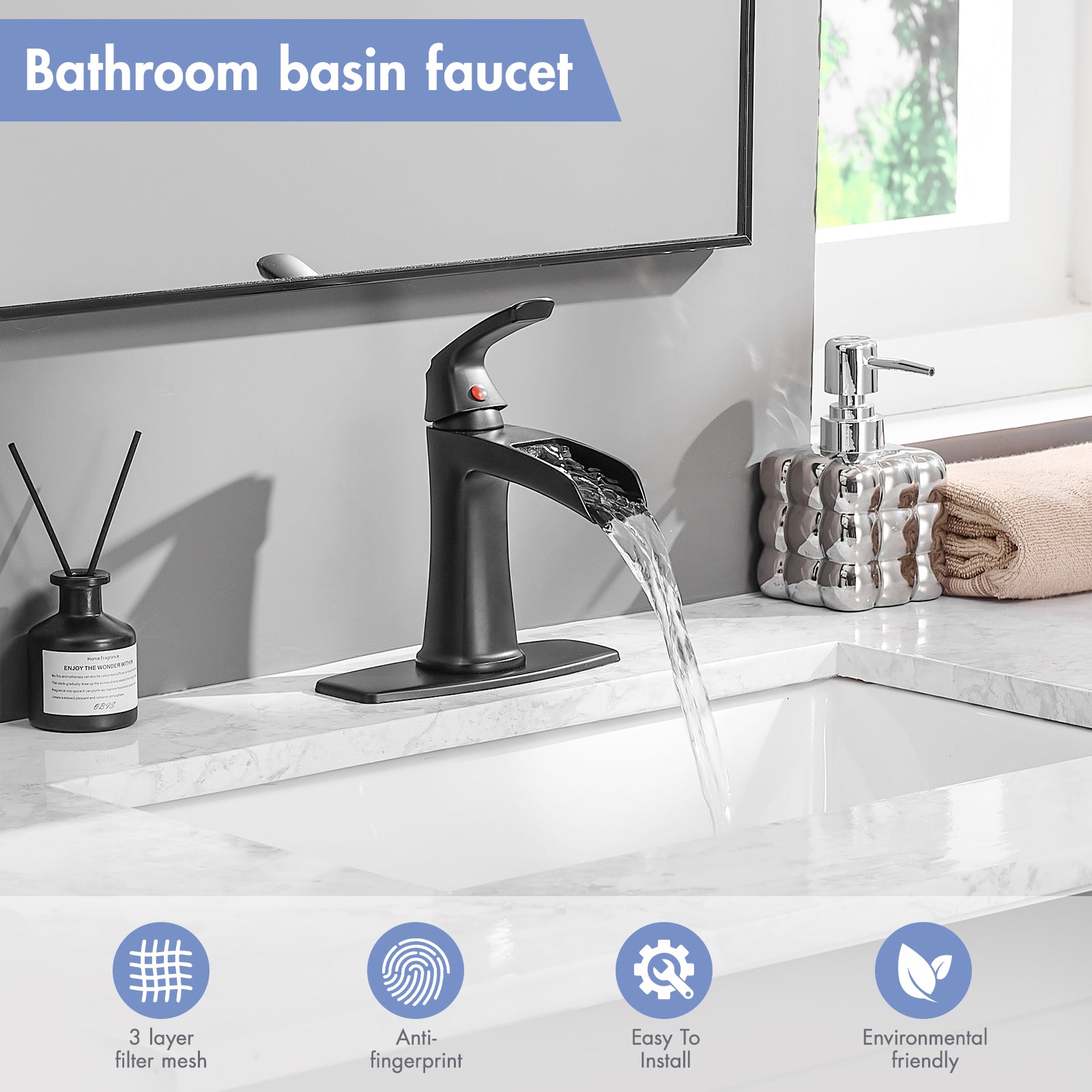 Black Waterfall Bathroom Faucet with Pop-Up Drain and Deck Plate - Single Handle Bathroom Faucet
