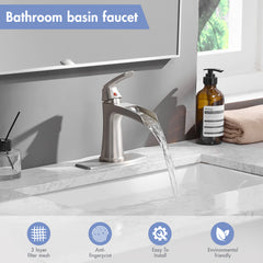 Brushed Nickel Waterfall Bathroom Faucet with Pop-Up Drain and Deck Plate - Single Handle Bathroom Faucet