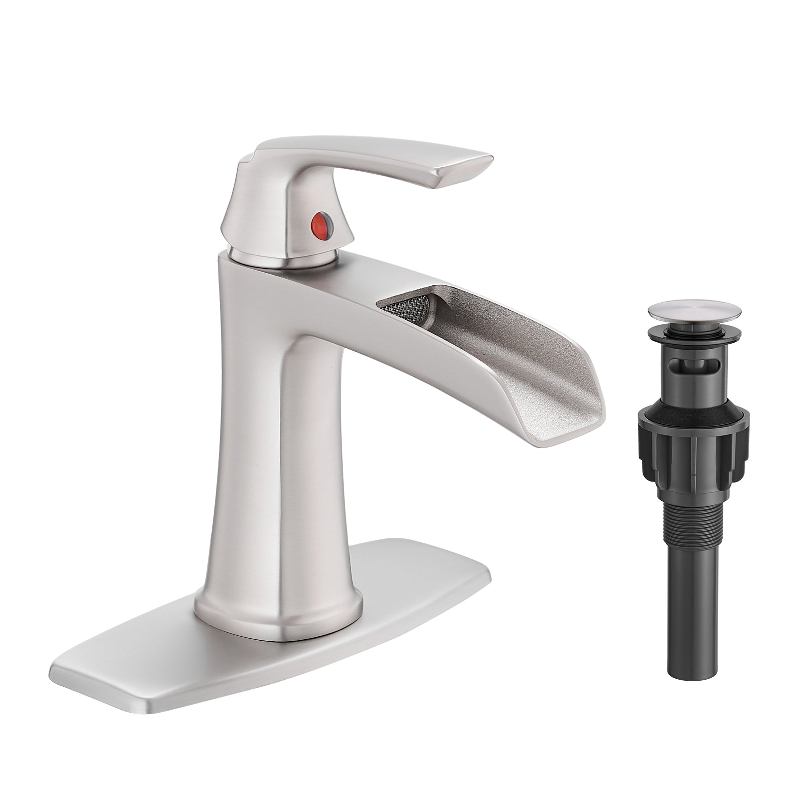 Brushed Nickel Waterfall Bathroom Faucet with Pop-Up Drain and Deck Plate - Single Handle Bathroom Faucet