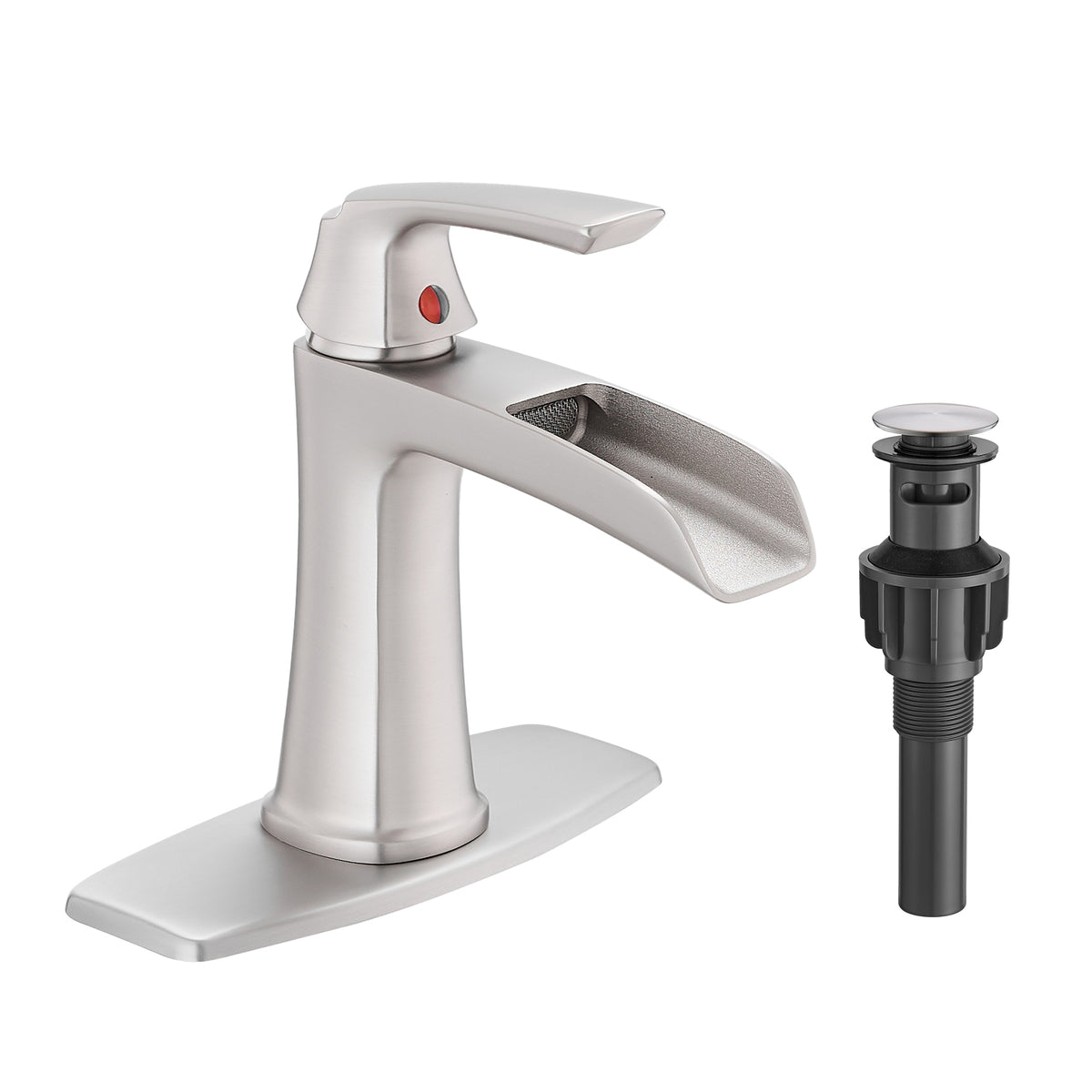 Brushed Nickel Waterfall Bathroom Faucet with Pop-Up Drain and Deck Plate - Single Handle Bathroom Faucet