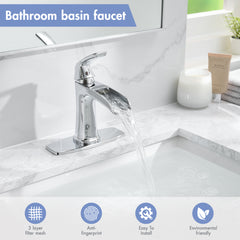 Chrome Waterfall Bathroom Faucet with Pop-Up Drain and Deck Plate - Single Handle Bathroom Faucet