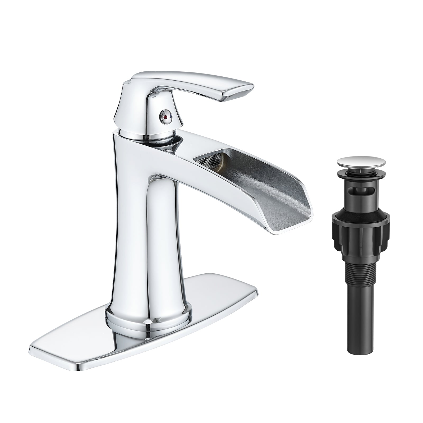 Chrome Waterfall Bathroom Faucet with Pop-Up Drain and Deck Plate - Single Handle Bathroom Faucet