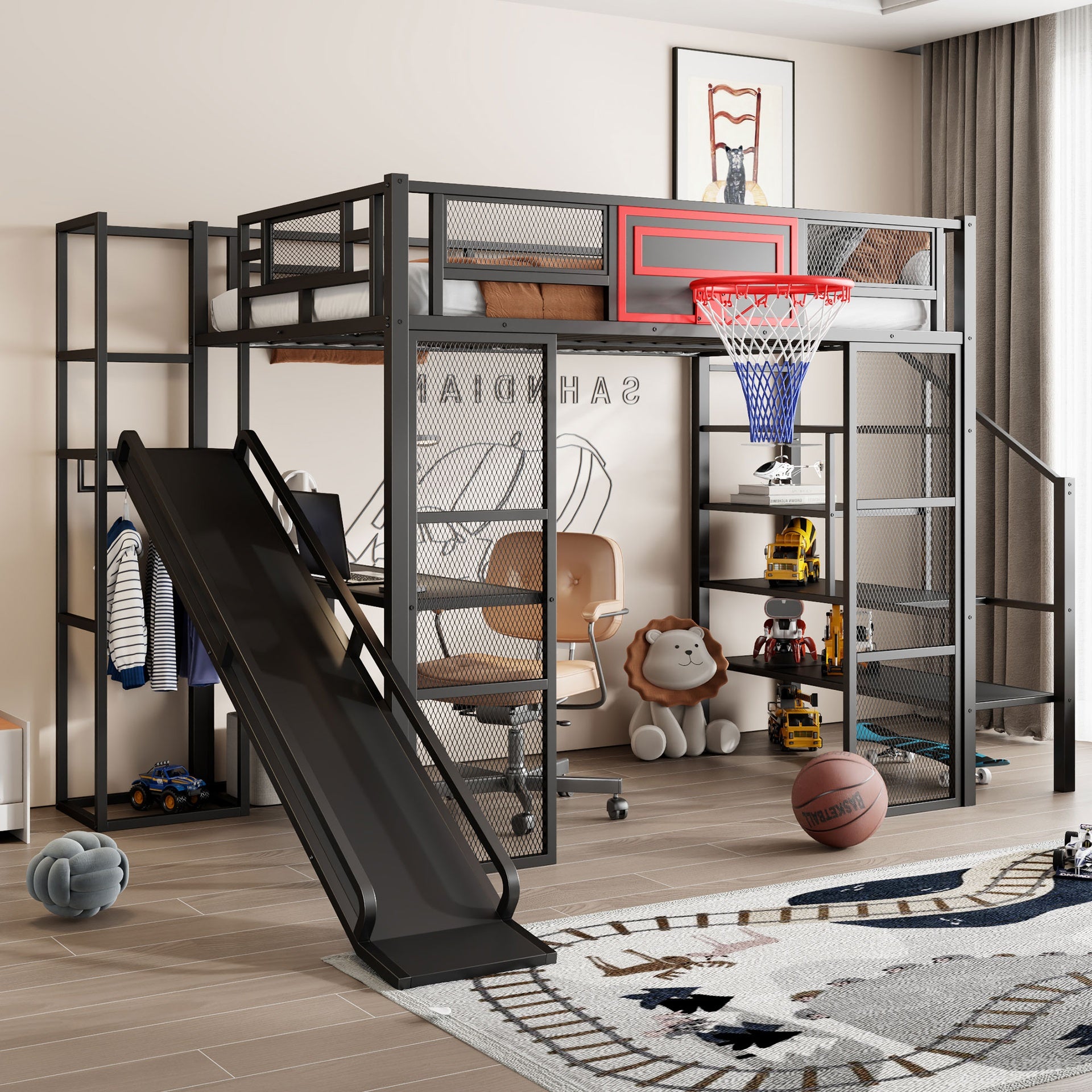Full Size Metal Loft bed with Built-in Desk, Open Wardrobe, Basketball hoop, Slide and Staircase, Black