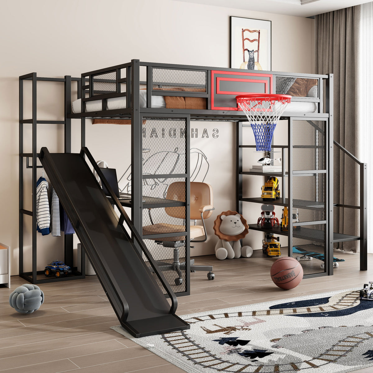 Full Size Metal Loft bed with Built-in Desk, Open Wardrobe, Basketball hoop, Slide and Staircase, Black