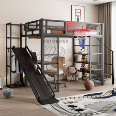Full Size Metal Loft bed with Built-in Desk, Open Wardrobe, Basketball hoop, Slide and Staircase, Black