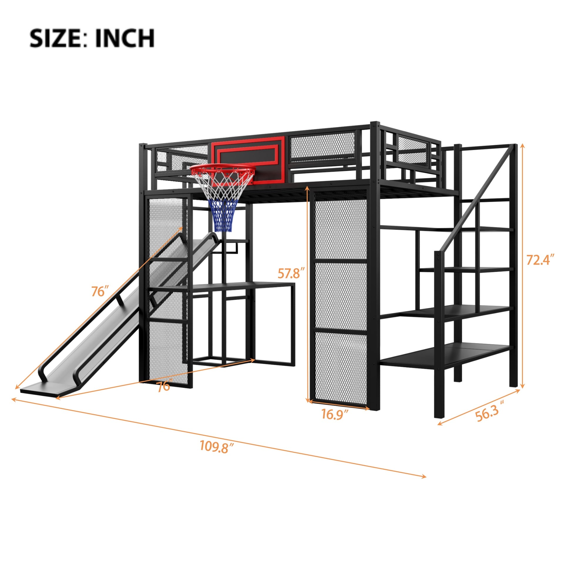 Full Size Metal Loft bed with Built-in Desk, Open Wardrobe, Basketball hoop, Slide and Staircase, Black