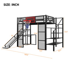 Full Size Metal Loft bed with Built-in Desk, Open Wardrobe, Basketball hoop, Slide and Staircase, Black