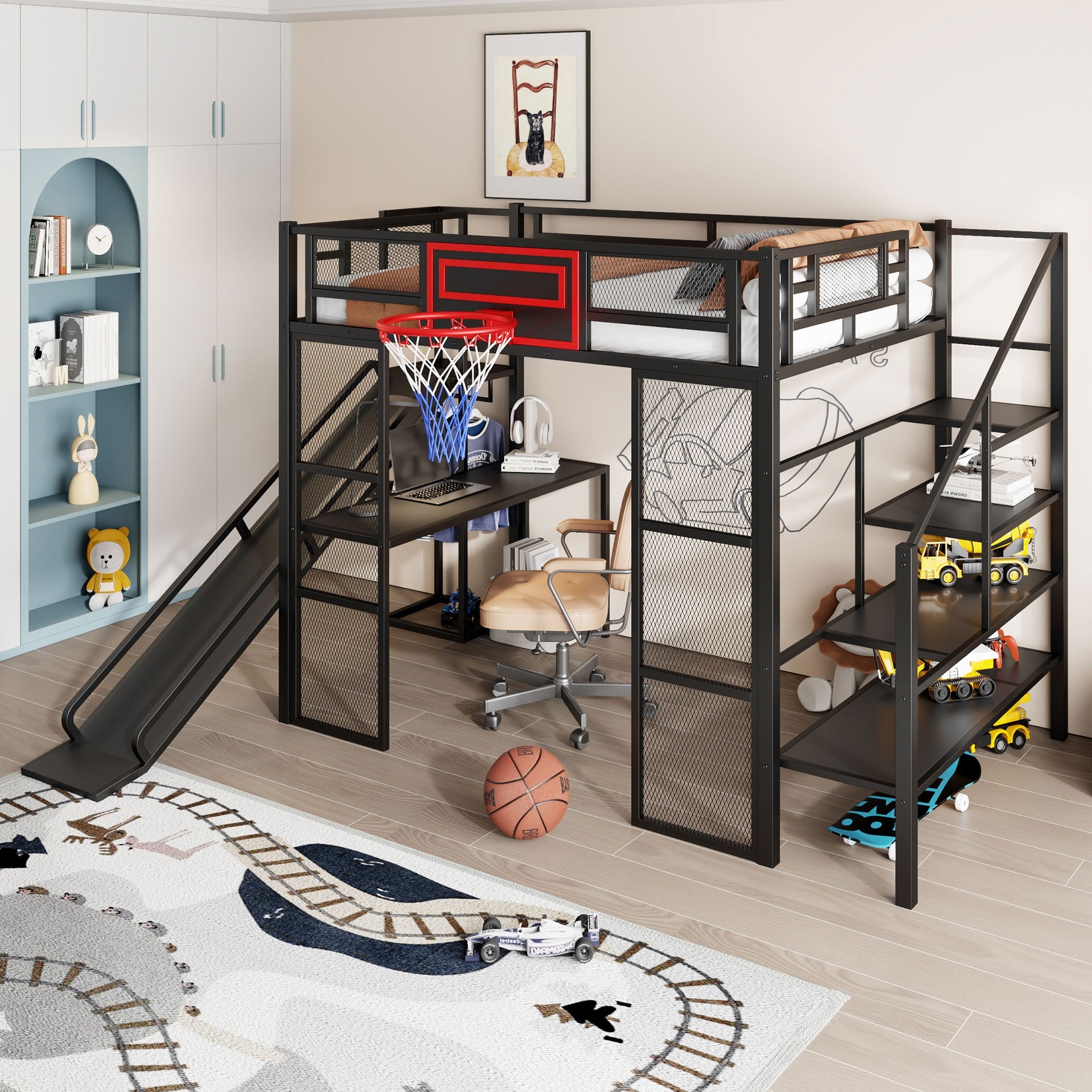 Full Size Metal Loft bed with Built-in Desk, Open Wardrobe, Basketball hoop, Slide and Staircase, Black