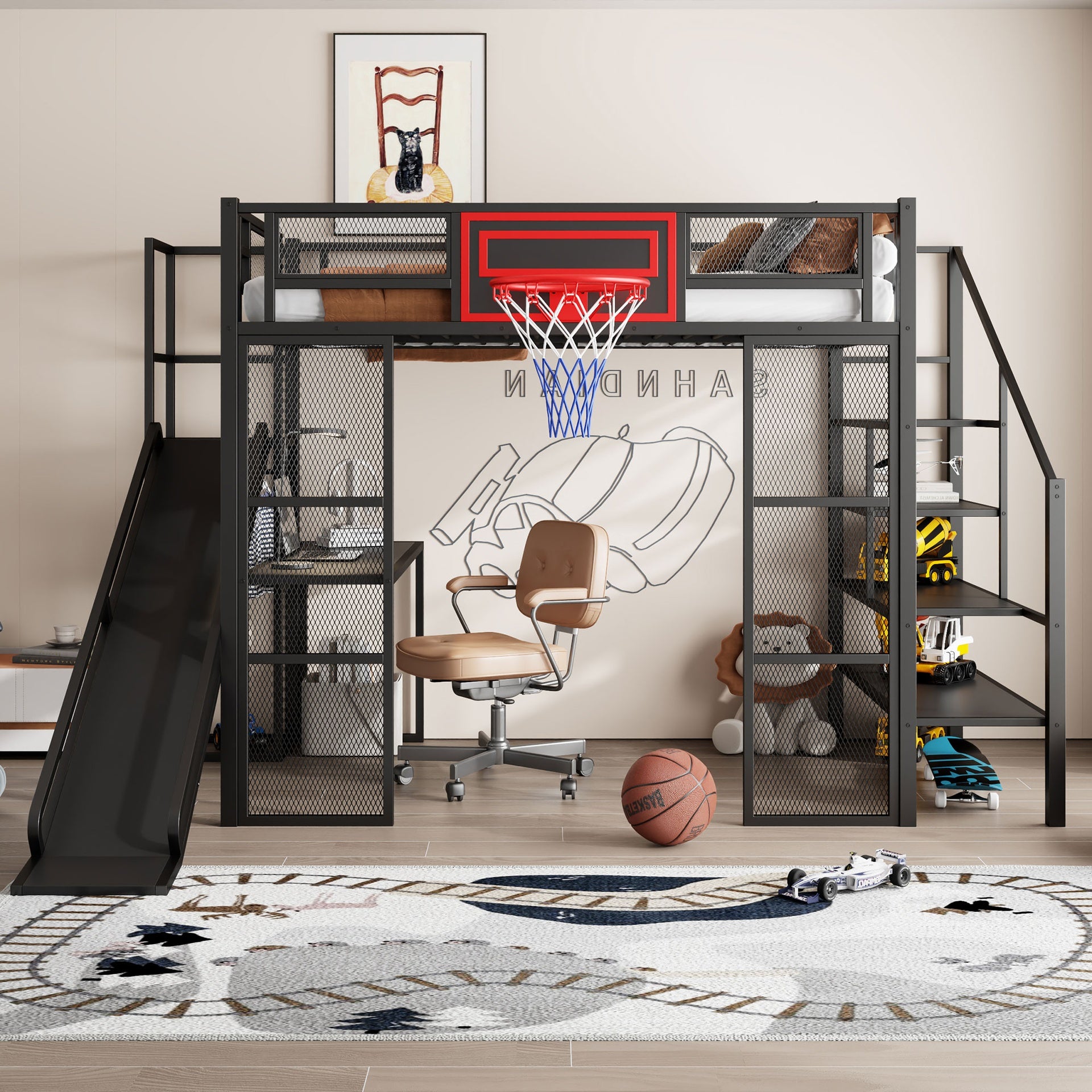 Full Size Metal Loft bed with Built-in Desk, Open Wardrobe, Basketball hoop, Slide and Staircase, Black