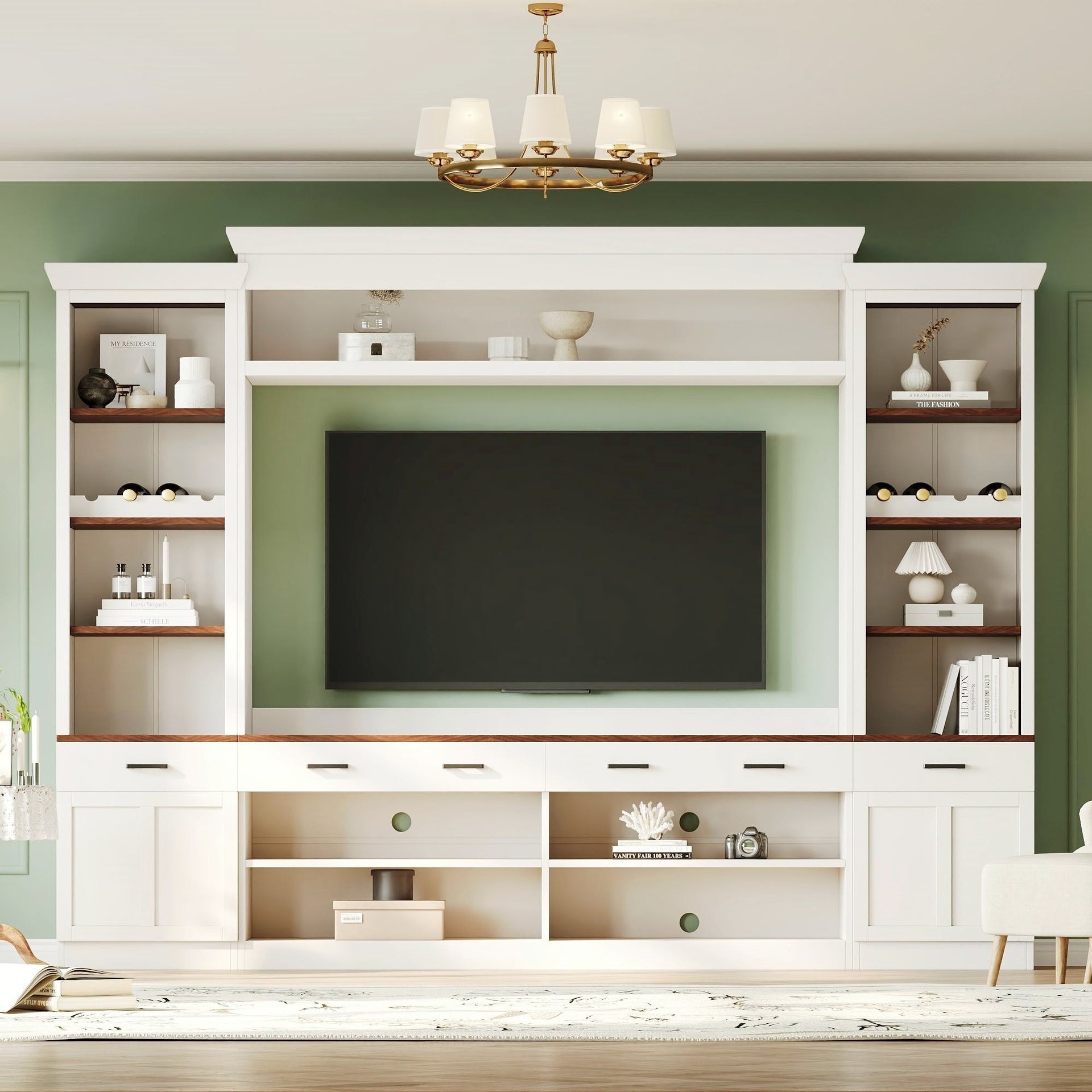 Farmhouse 4-Piece Entertainment Center with Bookshelf for TVs Up to 70", Walnut TV Stand with Adjustable Shelves, Mid-Century Media Console with Wine Rack for Living Room, White