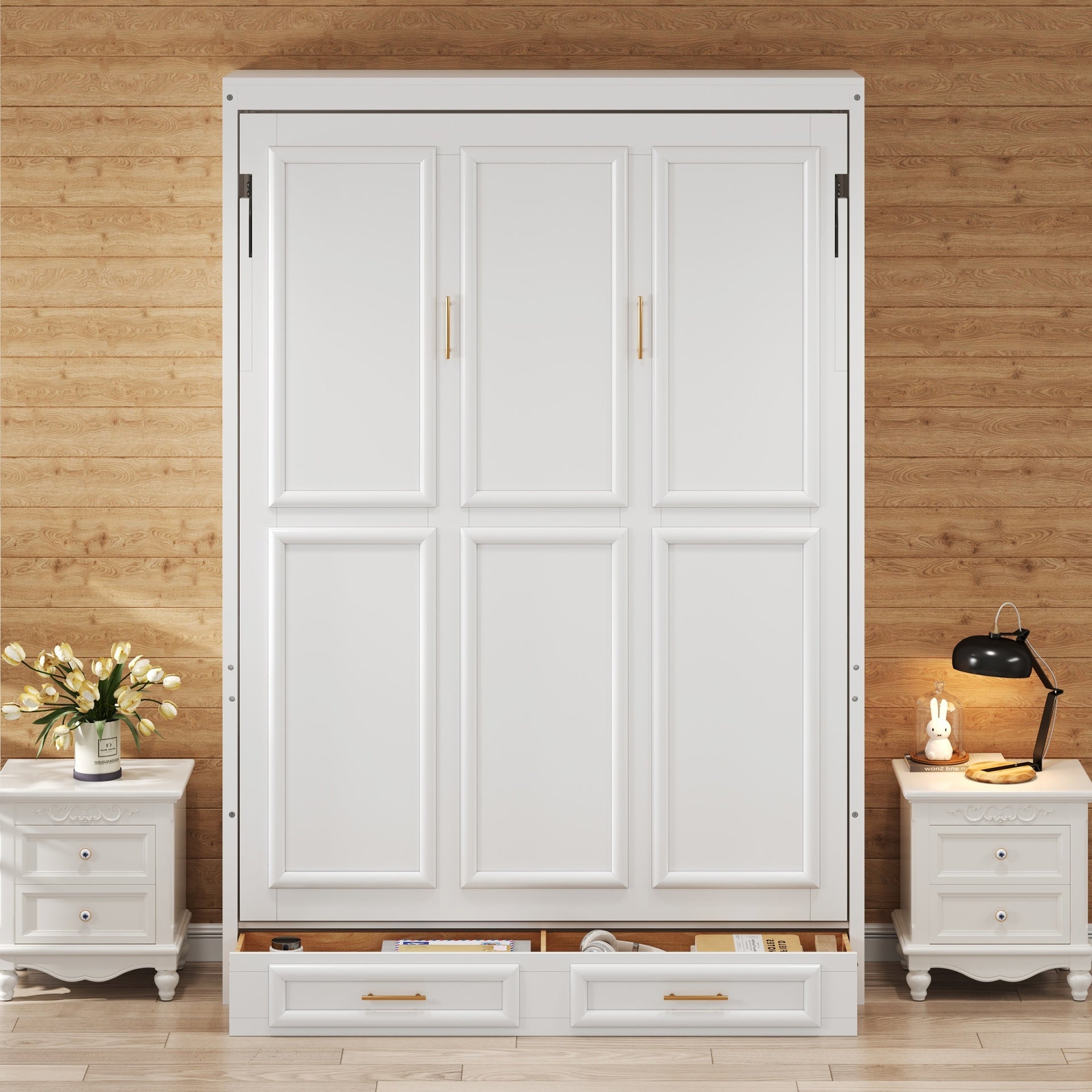 Full Size Murphy Bed with 2 Drawers, Beige