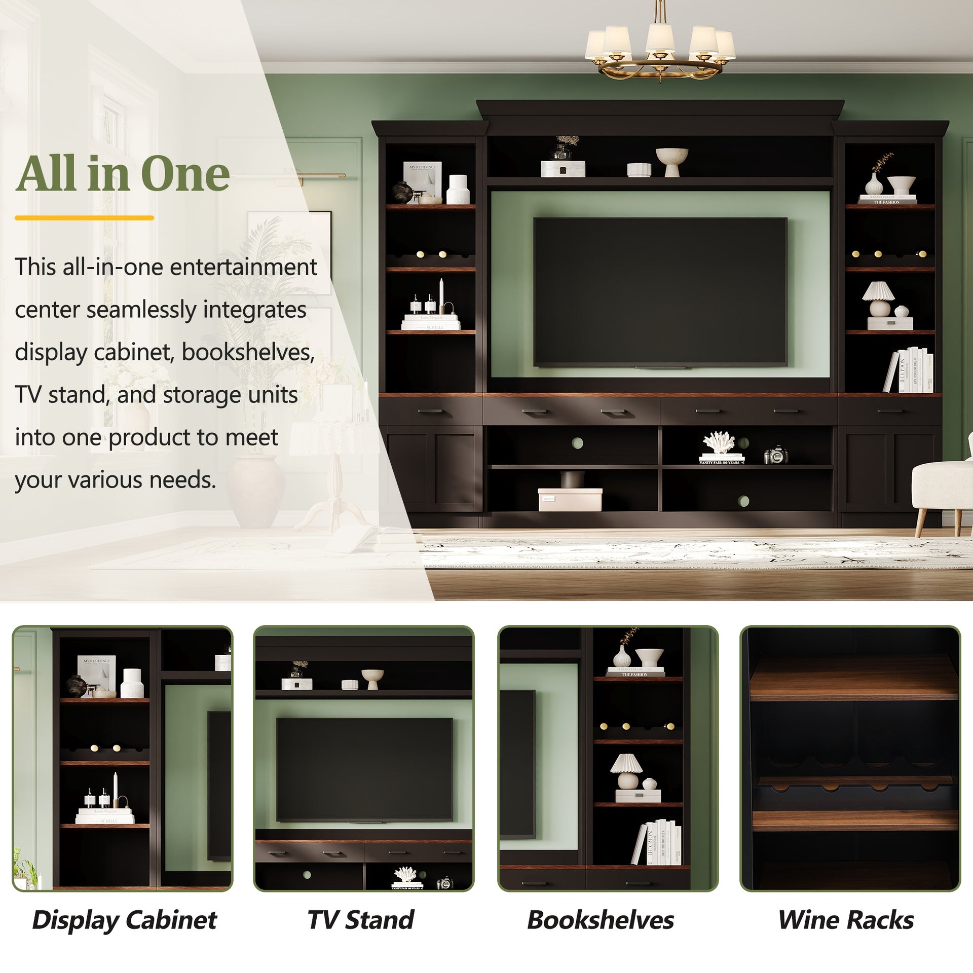 Farmhouse 4-Piece Entertainment Center with Bookshelf for TVs Up to 70", Walnut TV Stand with Adjustable Shelves, Mid-Century Media Console with Wine Rack for Living Room, Black(OLD SKU: N721S000046B)