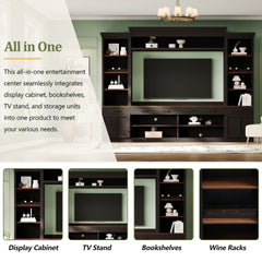 Farmhouse 4-Piece Entertainment Center with Bookshelf for TVs Up to 70", Walnut TV Stand with Adjustable Shelves, Mid-Century Media Console with Wine Rack for Living Room, Black(OLD SKU: N721S000046B)