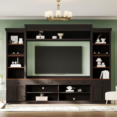 Farmhouse 4-Piece Entertainment Center with Bookshelf for TVs Up to 70", Walnut TV Stand with Adjustable Shelves, Mid-Century Media Console with Wine Rack for Living Room, Black(OLD SKU: N721S000046B)