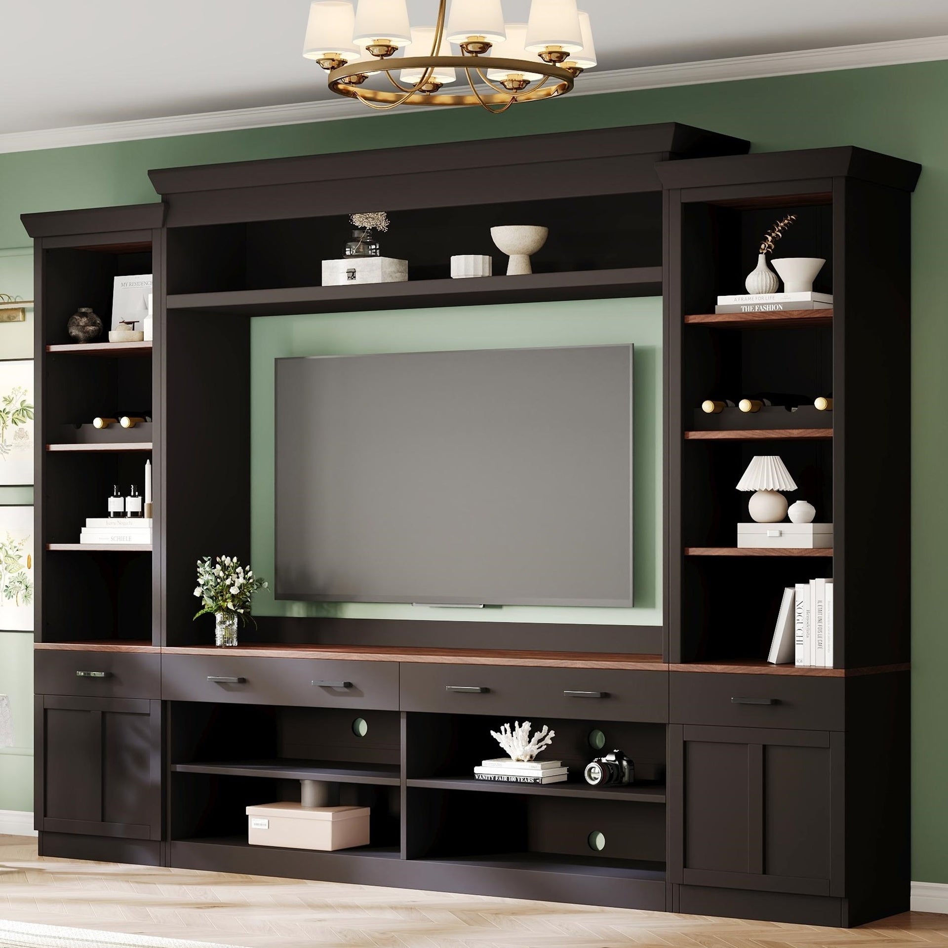 Farmhouse 4-Piece Entertainment Center with Bookshelf for TVs Up to 70", Walnut TV Stand with Adjustable Shelves, Mid-Century Media Console with Wine Rack for Living Room, Black(OLD SKU: N721S000046B)