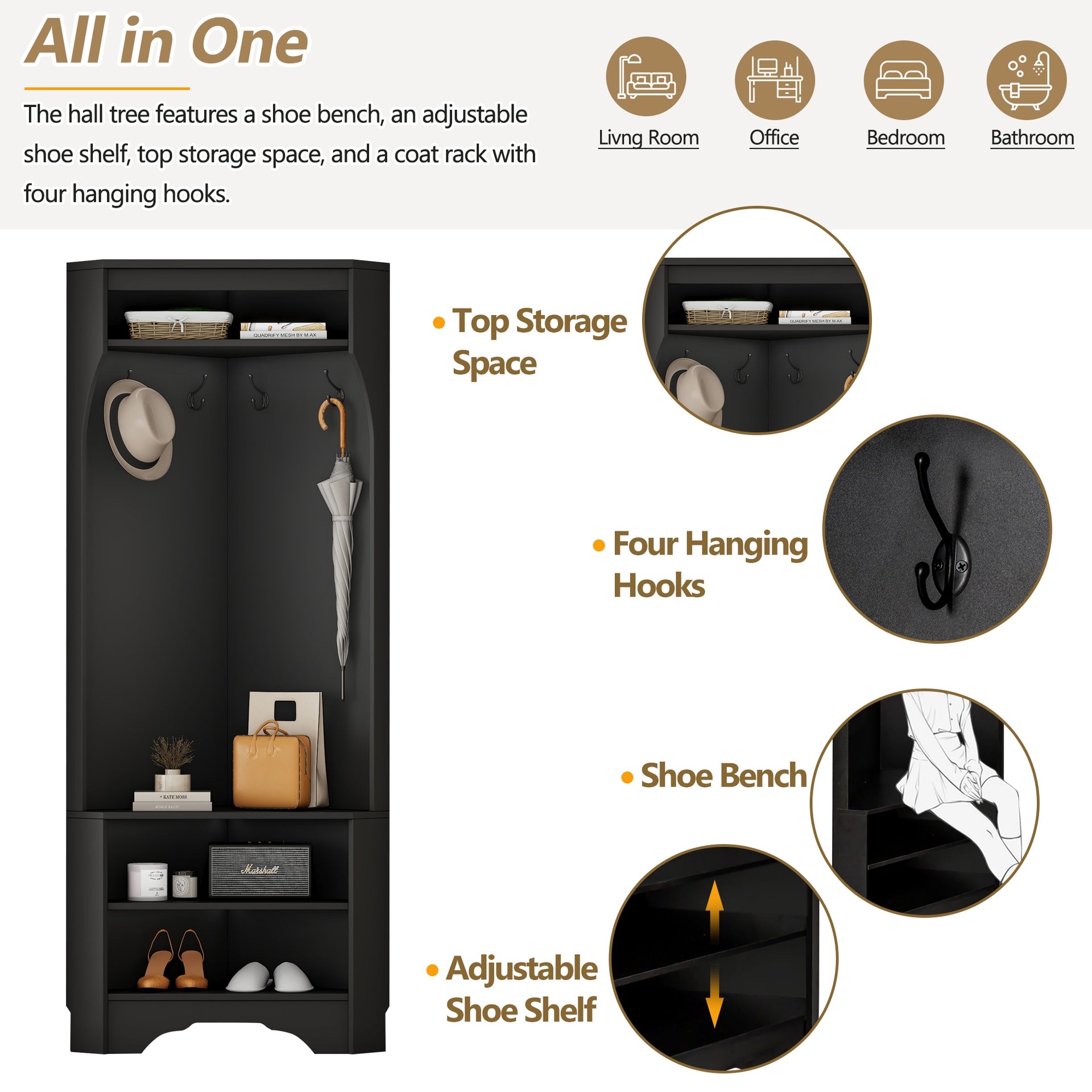 Minimalist Corner Hall Tree with Shoe Bench, Versatile Entryway Coat Rack with 4 Hooks, Corner Cabinet with Adjustable Shelf for Hallway, Living Room, Black, 29.5''W*71.6''H (OLD SKU: N721P189665B)