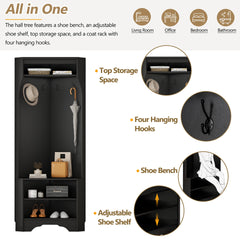 Minimalist Corner Hall Tree with Shoe Bench, Versatile Entryway Coat Rack with 4 Hooks, Corner Cabinet with Adjustable Shelf for Hallway, Living Room, Black, 29.5''W*71.6''H (OLD SKU: N721P189665B)