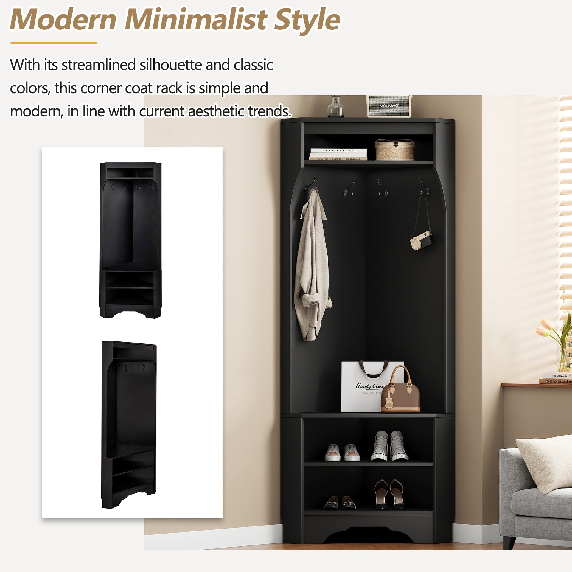 Minimalist Corner Hall Tree with Shoe Bench, Versatile Entryway Coat Rack with 4 Hooks, Corner Cabinet with Adjustable Shelf for Hallway, Living Room, Black, 29.5''W*71.6''H (OLD SKU: N721P189665B)
