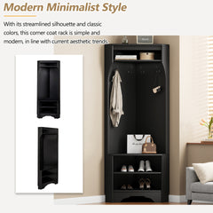 Minimalist Corner Hall Tree with Shoe Bench, Versatile Entryway Coat Rack with 4 Hooks, Corner Cabinet with Adjustable Shelf for Hallway, Living Room, Black, 29.5''W*71.6''H (OLD SKU: N721P189665B)