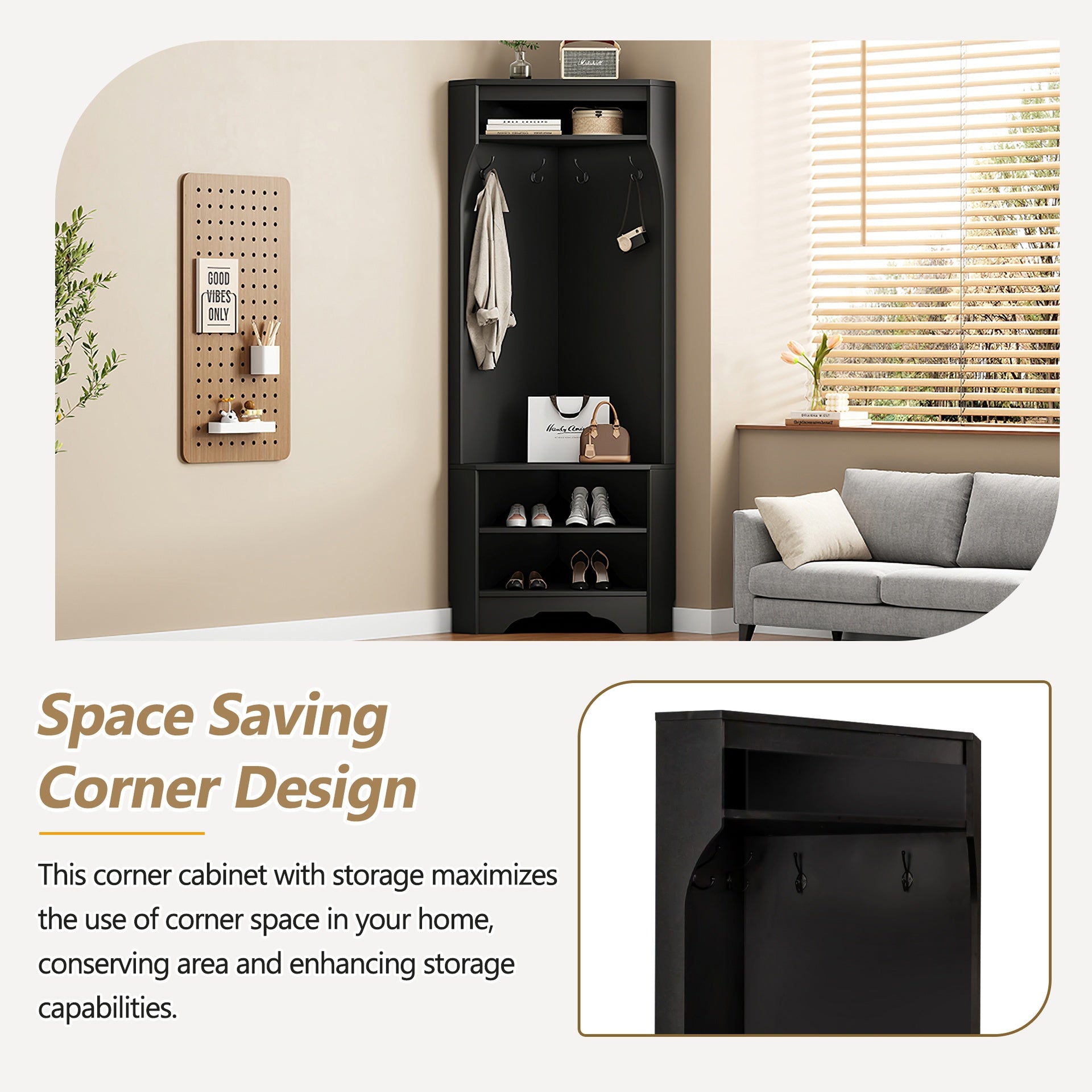 Minimalist Corner Hall Tree with Shoe Bench, Versatile Entryway Coat Rack with 4 Hooks, Corner Cabinet with Adjustable Shelf for Hallway, Living Room, Black, 29.5''W*71.6''H (OLD SKU: N721P189665B)
